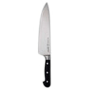 The Messermeister Meridian Elite Stealth Chef's Knife - 9", by Messermeister, features a high-carbon stainless steel blade and a black handle with three rivets, displayed against a white background.