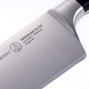 Close-up of a Messermeister Meridian Elite Stealth Chef's Knife - 9" blade, featuring Messermeister MERIDIAN ELITE SOLINGEN - GERMANY and E/3884-8S etching, a logo, and part of its black handle.
