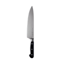 The Messermeister Meridian Elite Chef's Knife - 9", crafted from high-carbon German stainless steel, features a black ergonomic triple-riveted handle and is shown vertically against a plain white background.