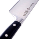 Close-up of the Messermeister Meridian Elite Chef's Knife - 9", made from high-carbon German stainless steel. It features a black ergonomic handle with silver rivets and an engraved blade, angled on a white background.