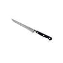The Messermeister Meridian Elite Boning Knife - 6" features a sharp, narrow German stainless steel blade and a black handle with three silver rivets, ideal for deboning meats; shown isolated on a white background.
