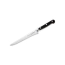 The Messermeister Meridian Elite Flexible Boning Knife - 6" features a long, narrow German-forged steel blade and a black triple-riveted handle, designed for precision cutting. Displayed on a white background.