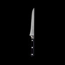The Messermeister Meridian Elite Boning Knife - 6", featuring a long, narrow German stainless steel blade and a black triple-riveted handle, is perfect for deboning meats and shown vertically against a sleek black background.