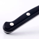 Close-up of the Messermeister Meridian Elite Flexible Boning Knife - 6" with a black handle, two metal rivets, and rounded end, designed for precision cutting, shown against a plain white background.