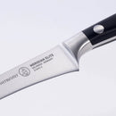 Close-up of the Messermeister Meridian Elite Boning Knife - 6", featuring an engraved German stainless steel blade and a black handle with a metal rivet against a plain light background—perfect for deboning meats.
