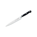 The Messermeister Meridian Elite 6" Utility Knife features a sharp, pointed German steel blade and a black handle with three rivets, shown on a white background.