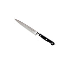 The Messermeister Meridian Elite 6" Utility Knife features a sharp German steel blade and a black triple-riveted handle, shown on a white background.