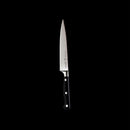 The Messermeister Meridian Elite Utility Knife - 6" features a pointed German steel blade and a black triple-riveted handle, shown vertically on a solid black background.
