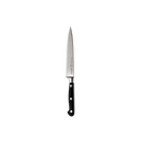 The Messermeister Meridian Elite Next Level Block Set - 5 Piece features German stainless steel chef’s knives with pointed blades and black triple-riveted handles, shown on a white background—ideal for any premium knife collection.