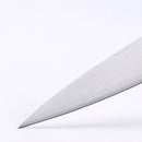 Close-up of the sharp tip of the Messermeister Meridian Elite Utility Knife - 6" blade against a plain white background.