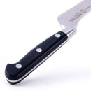 Close-up of the Messermeister Meridian Elite Offset Scalloped Bread Knife - 8", featuring a black handle with three metal rivets and a partially visible serrated German stainless steel blade.