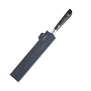 A Messermeister kitchen knife with a black handle is partially inserted into the Messermeister Midnight Navy Leather Magnetic Edge-Guard - 10.5", shown on a white background.