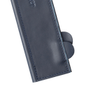 A close-up of the Messermeister Midnight Navy Leather Magnetic Edge-Guard - 10.5" shows visible stitching and two rounded tabs inside, against a plain white background.