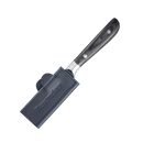 A small kitchen knife with a black handle and two rivets is partially covered by a Messermeister Midnight Navy Leather Magnetic Edge-Guard - 4", set against a white background.