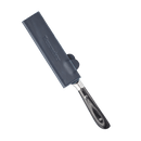 A kitchen knife with a black and gray handle is partially covered by a Messermeister Midnight Navy Leather Magnetic Edge-Guard (6.5"), protecting the blade as the knife and guard rest on a plain white background.