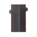 The Messermeister Midnight Navy Leather Magnetic Edge-Guard (6.5") lies open on a white background, featuring visible stitching and side tabs that highlight its stylish design as a premium knife edge protector.