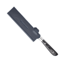 The Messermeister Midnight Navy Leather Magnetic Edge-Guard (8.5") is shown partially covering a kitchen knife with a black, two-riveted handle, set against a plain white background.