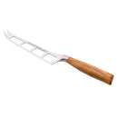 The Messermeister Oliva Elite Cheese & Tomato Knife - 5" features a German stainless steel serrated blade with cut-out holes, a two-pronged tip, and an olive wood handle for easy serving.