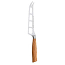The Messermeister Oliva Elite Cheese & Tomato Knife - 5" features a durable German stainless steel blade with cutout holes, a two-pronged tip, and an elegant olive wood handle.