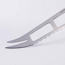 A close-up of the Messermeister Oliva Elite Cheese & Tomato Knife - 5", featuring a forked tip, German stainless steel blade, and cut-out olive wood handle, set against a plain white background.