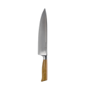 The Messermeister Oliva Elite Chef's Knife - 10", featuring a pointed German stainless steel blade and an elegant olive wood handle, is displayed against a plain white background.
