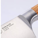 Close-up of a Messermeister Oliva Elite Chef's Knife - 6" blade, engraved with OLIVA ELITE, SOLINGEN - GERMANY, E/6686-8S, and part of its elegant olive wood handle set against a light background.