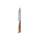 The Messermeister Oliva Elite Chef's Knife - 6" is a compact stainless steel kitchen knife with a polished olive wood handle, shown against a plain white background.