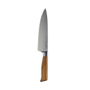 The Messermeister Oliva Elite Magnet Block Set - 8 Piece features stainless steel knives with wooden handles, including a chef’s knife, displayed upright against a plain white background.
