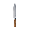 The Messermeister Oliva Elite Next Level Block Set - 5 Piece features premium German stainless steel blades and elegant olive wood handles, displayed vertically against a plain light gray background.