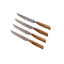 The Messermeister Oliva Elite Fine Edge Steak Knife Set, featuring four German stainless steel knives with olive wood handles, is arranged in a diagonal row on a white background.
