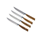 The Messermeister Oliva Elite Fine Edge Steak Knife Set includes four identical steak knives with German stainless steel blades and olive wood handles, arranged diagonally on a white background.