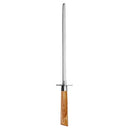 The Messermeister Oliva Elite Fine Grit Steel - 10" features a long, cylindrical fine grit rod, a small metal guard, and a rectangular wooden handle for precision honing.