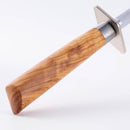 A close-up of the Messermeister Oliva Elite Fine Grit Steel - 10" handle, made of polished wood with visible grain, attached to a fine grit steel rod, set against a white background.