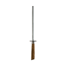 The Messermeister Oliva Elite Fine Grit Steel - 10" stands upright against a white background, displaying its wooden handle and round guard, perfect for precise edge maintenance.