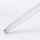 A close-up of the Messermeister Oliva Elite Fine Grit Steel - 10", a metallic cylindrical rod with a rounded end by Messermeister, photographed on a white background.