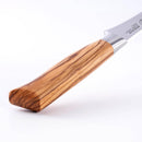 Close-up of a Messermeister Oliva Elite Flexible Boning Knife - 6" featuring a polished wooden handle and stainless steel blade, displayed on a plain white background.
