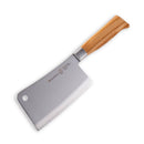 A Messermeister Oliva Elite Heavy Cleaver - 6" with a high-carbon stainless steel blade and olive wood handle is shown on a white background.