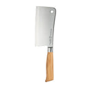 The Messermeister Oliva Elite Heavy Cleaver - 6" features a high-carbon stainless steel blade, light olive wood handle, and a hole near the blade’s top corner, shown against a white background.