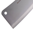 Close-up of the Messermeister Oliva Elite Heavy Cleaver - 6" by Messermeister, featuring a large high-carbon stainless steel blade with a hole near the handle, shown against a white background.