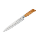 The Messermeister Oliva Elite Kullens Carving Knife - 8" features a sharp, silver blade with scalloped indentations and a polished olive wood handle, displayed against a white background.
