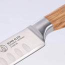 Close-up of the Messermeister Oliva Elite Kullens Carving Knife - 8" with a stainless steel blade engraved OLIVA ELITE SOLINGEN - GERMANY and an elegant olive wood handle, set against a pale background.