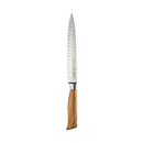 The Messermeister Oliva Elite Kullens Carving Knife - 8" features a long, narrow stainless steel blade with oval indents and an elegant olive wood handle, displayed against a plain white background.
