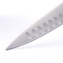 Close-up of the pointed tip and hollowed-edge blade of the Messermeister Oliva Elite Kullens Carving Knife - 8", made of stainless steel, isolated on a white background.