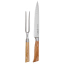 The Messermeister Oliva Elite Kullens Carving Set - 2 Piece features a carving knife and fork with olive wood handles and stainless steel blades, shown side by side on a white background.