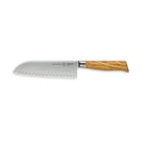 The Messermeister Oliva Elite Kullens Santoku Knife - 7" features a stainless steel blade with hollow edge oval indentations and a light brown olive wood handle.