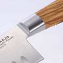 Close-up of the Messermeister Oliva Elite Kullens Santoku Knife - 7" featuring a stainless steel blade with engraved text, hollow edge, and a smooth, shiny finish. The elegant olive wood handle transitions seamlessly into the blade.