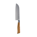 A Messermeister Oliva Elite kitchen knife with a stainless steel blade and a wooden handle is displayed against a plain white background. The blade showcases oval-shaped indentations along one side, highlighting the refined craftsmanship characteristic of the Messermeister Oliva Elite 11-Piece Next Level Knife Block Set.