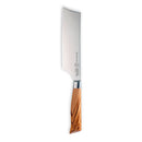 The Messermeister Oliva Elite Nakiri Knife - 6.5", crafted with a German-forged blade and a polished wooden handle, is ideal for precise vegetable prep and is showcased on a white background.