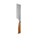 The Messermeister Oliva Elite Nakiri Knife - 6.5" features a broad, rectangular German-forged blade and light brown handle, ideal for prepping vegetables, shown upright against a plain white background.