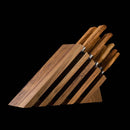 The Messermeister Oliva Elite Next Level Block Set features 11 German-forged knives with elegant olive wood handles, beautifully arranged in a block and set against a sleek black background.